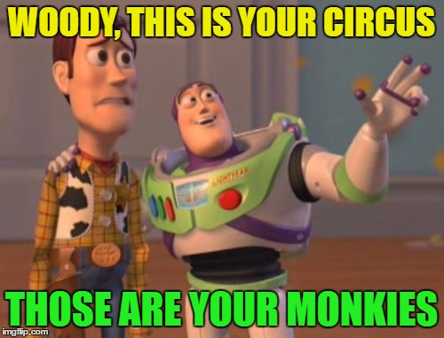 X, X Everywhere Meme | WOODY, THIS IS YOUR CIRCUS; THOSE ARE YOUR MONKIES | image tagged in memes,x x everywhere,funny,woody | made w/ Imgflip meme maker