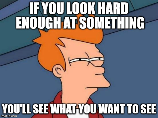 Futurama Fry Meme | IF YOU LOOK HARD ENOUGH AT SOMETHING YOU'LL SEE WHAT YOU WANT TO SEE | image tagged in memes,futurama fry | made w/ Imgflip meme maker