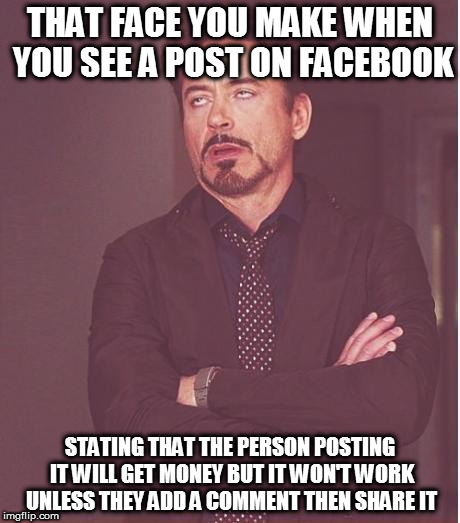 Like they really are stupid enough to actually believe they'll get money?? From who, Mr. Zuckerberg himself? | THAT FACE YOU MAKE WHEN YOU SEE A POST ON FACEBOOK; STATING THAT THE PERSON POSTING IT WILL GET MONEY BUT IT WON'T WORK UNLESS THEY ADD A COMMENT THEN SHARE IT | image tagged in memes,face you make robert downey jr | made w/ Imgflip meme maker