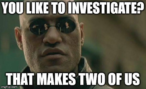 Matrix Morpheus Meme | YOU LIKE TO INVESTIGATE? THAT MAKES TWO OF US | image tagged in memes,matrix morpheus | made w/ Imgflip meme maker