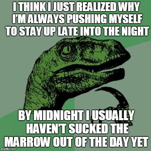 Philosoraptor Meme | I THINK I JUST REALIZED WHY I’M ALWAYS PUSHING MYSELF TO STAY UP LATE INTO THE NIGHT; BY MIDNIGHT I USUALLY HAVEN’T SUCKED THE MARROW OUT OF THE DAY YET | image tagged in memes,philosoraptor | made w/ Imgflip meme maker