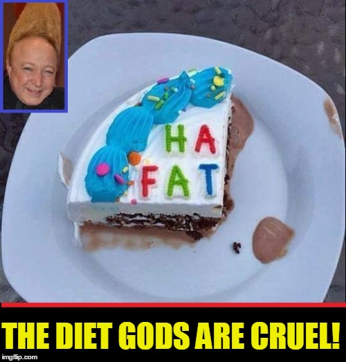Was Served this Piece of Cake Today | THE DIET GODS ARE CRUEL! | image tagged in vince vance,birthday cake,diet,dieting,fat guy,a message from the diet gods | made w/ Imgflip meme maker