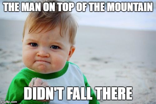 Success Kid Original | THE MAN ON TOP OF THE MOUNTAIN; DIDN'T FALL THERE | image tagged in memes,success kid original | made w/ Imgflip meme maker