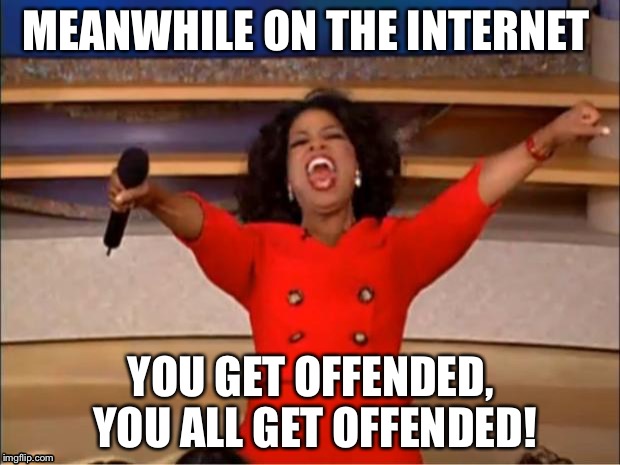 Oprah You Get A Meme | MEANWHILE ON THE INTERNET; YOU GET OFFENDED, YOU ALL GET OFFENDED! | image tagged in memes,oprah you get a | made w/ Imgflip meme maker