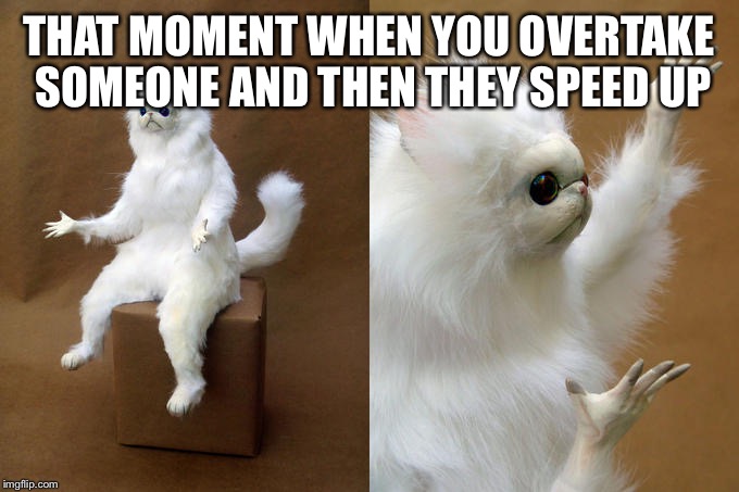 Persian Cat Room Guardian Meme | THAT MOMENT WHEN YOU OVERTAKE SOMEONE AND THEN THEY SPEED UP | image tagged in memes,persian cat room guardian | made w/ Imgflip meme maker