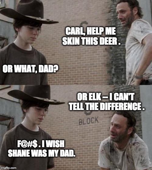I Waipiti Carl | CARL, HELP ME SKIN THIS DEER . OR WHAT, DAD? OR ELK -- I CAN'T TELL THE DIFFERENCE . F@#$ . I WISH SHANE WAS MY DAD. | image tagged in memes,rick and carl,the walking dead | made w/ Imgflip meme maker