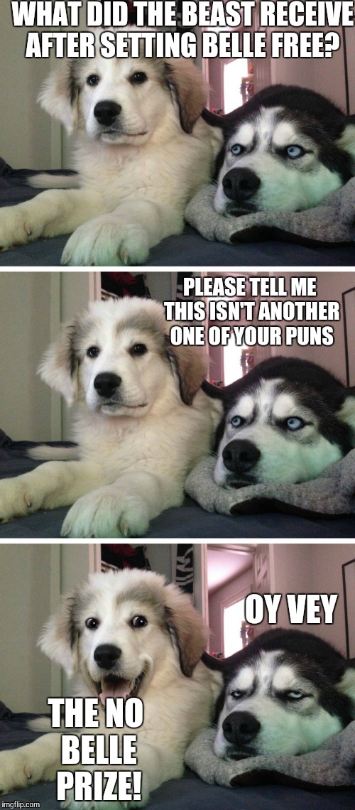 Bad pun dogs | WHAT DID THE BEAST RECEIVE AFTER SETTING BELLE FREE? PLEASE TELL ME THIS ISN'T ANOTHER ONE OF YOUR PUNS; OY VEY; THE NO BELLE PRIZE! | image tagged in bad pun dogs | made w/ Imgflip meme maker