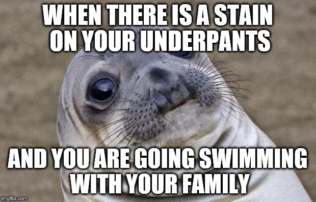 Awkward Moment Sealion | WHEN THERE IS A STAIN ON YOUR UNDERPANTS; AND YOU ARE GOING SWIMMING WITH YOUR FAMILY | image tagged in memes,awkward moment sealion | made w/ Imgflip meme maker