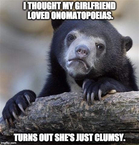 Keep It To a Dull Roar! | I THOUGHT MY GIRLFRIEND LOVED ONOMATOPOEIAS. TURNS OUT SHE'S JUST CLUMSY. | image tagged in memes,confession bear,girlfriend | made w/ Imgflip meme maker