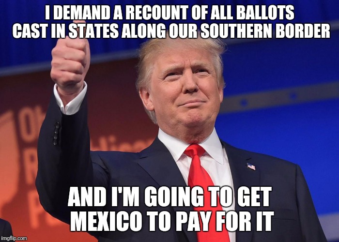 donald trump | I DEMAND A RECOUNT OF ALL BALLOTS CAST IN STATES ALONG OUR SOUTHERN BORDER; AND I'M GOING TO GET MEXICO TO PAY FOR IT | image tagged in donald trump | made w/ Imgflip meme maker