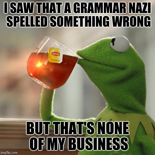 But That's None Of My Business Meme | I SAW THAT A GRAMMAR NAZI SPELLED SOMETHING WRONG; BUT THAT'S NONE OF MY BUSINESS | image tagged in memes,but thats none of my business,kermit the frog | made w/ Imgflip meme maker