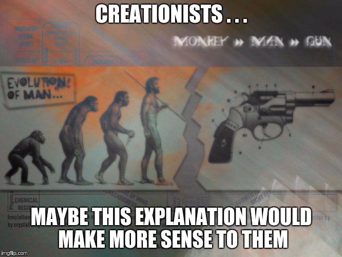 CREATIONISTS . . . MAYBE THIS EXPLANATION WOULD MAKE MORE SENSE TO THEM | image tagged in evolution | made w/ Imgflip meme maker