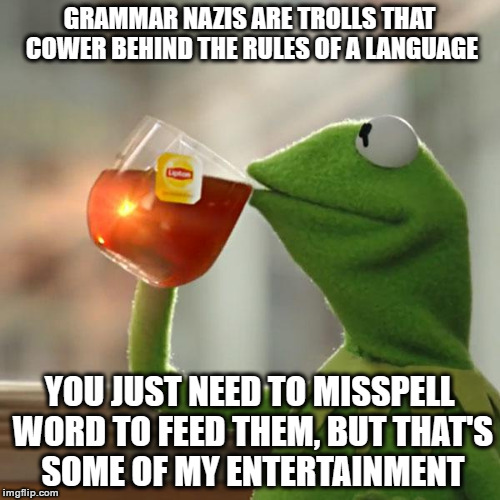 But That's None Of My Business Meme | GRAMMAR NAZIS ARE TROLLS THAT COWER BEHIND THE RULES OF A LANGUAGE YOU JUST NEED TO MISSPELL WORD TO FEED THEM, BUT THAT'S SOME OF MY ENTERT | image tagged in memes,but thats none of my business,kermit the frog | made w/ Imgflip meme maker
