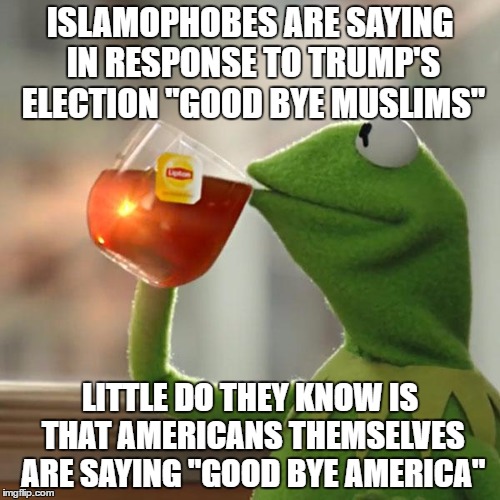 But That's None Of My Business Meme | ISLAMOPHOBES ARE SAYING IN RESPONSE TO TRUMP'S ELECTION "GOOD BYE MUSLIMS"; LITTLE DO THEY KNOW IS THAT AMERICANS THEMSELVES ARE SAYING "GOOD BYE AMERICA" | image tagged in memes,but thats none of my business,kermit the frog,muslims,good bye,america | made w/ Imgflip meme maker