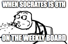 Cereal Guy Spitting Meme | WHEN SOCRATES IS 8TH; ON THE WEEKLY BOARD | image tagged in memes,cereal guy spitting | made w/ Imgflip meme maker