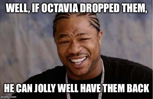 Yo Dawg Heard You Meme | WELL, IF OCTAVIA DROPPED THEM, HE CAN JOLLY WELL HAVE THEM BACK | image tagged in memes,yo dawg heard you | made w/ Imgflip meme maker