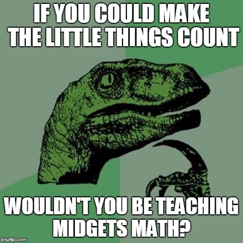 Philosoraptor | IF YOU COULD MAKE THE LITTLE THINGS COUNT; WOULDN'T YOU BE TEACHING MIDGETS MATH? | image tagged in memes,philosoraptor | made w/ Imgflip meme maker