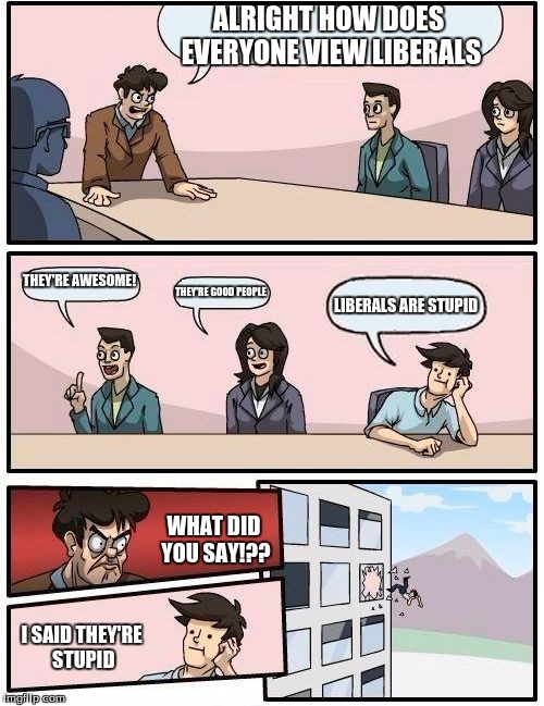 Boardroom Meeting Suggestion Meme | ALRIGHT HOW DOES EVERYONE VIEW LIBERALS THEY'RE AWESOME! THEY'RE GOOD PEOPLE LIBERALS ARE STUPID WHAT DID YOU SAY!?? I SAID THEY'RE STUPID | image tagged in memes,boardroom meeting suggestion | made w/ Imgflip meme maker