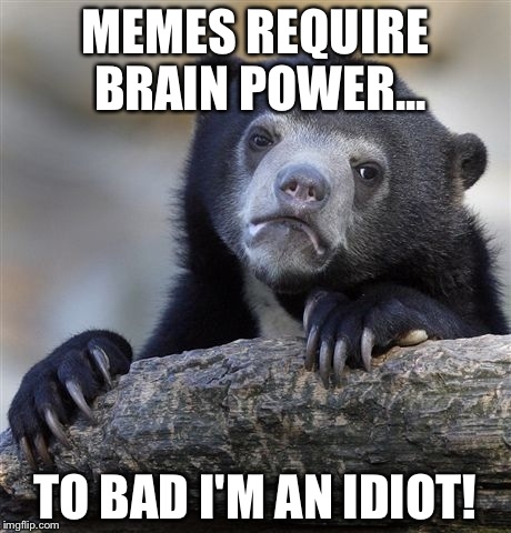 Confession Bear Meme | MEMES REQUIRE BRAIN POWER... TO BAD I'M AN IDIOT! | image tagged in memes,confession bear | made w/ Imgflip meme maker
