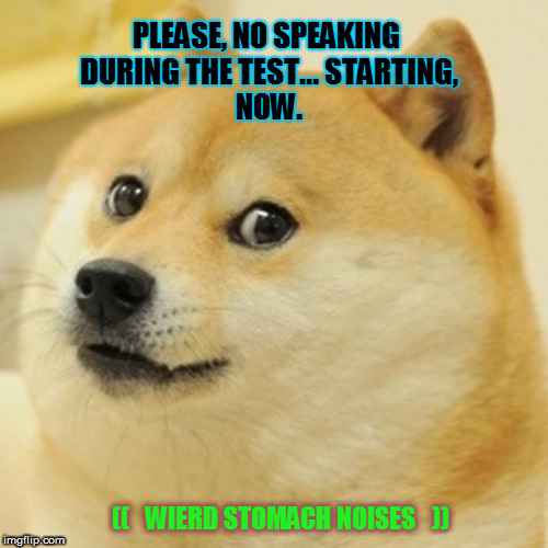 Doge | PLEASE, NO SPEAKING DURING THE TEST...
STARTING, NOW. ((   WIERD STOMACH NOISES   )) | image tagged in memes,doge | made w/ Imgflip meme maker