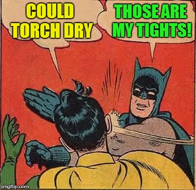 Batman Slapping Robin Meme | COULD TORCH DRY THOSE ARE MY TIGHTS! | image tagged in memes,batman slapping robin | made w/ Imgflip meme maker