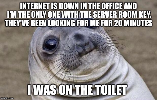 Awkward Moment Sealion Meme | INTERNET IS DOWN IN THE OFFICE AND I'M THE ONLY ONE WITH THE SERVER ROOM KEY. THEY'VE BEEN LOOKING FOR ME FOR 20 MINUTES; I WAS ON THE TOILET | image tagged in memes,awkward moment sealion | made w/ Imgflip meme maker