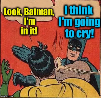 Batman Slapping Robin Meme | Look, Batman, I'm in it! I think I'm going to cry! | image tagged in memes,batman slapping robin | made w/ Imgflip meme maker