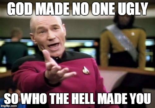 Picard Wtf Meme | GOD MADE NO ONE UGLY; SO WHO THE HELL MADE YOU | image tagged in memes,picard wtf | made w/ Imgflip meme maker