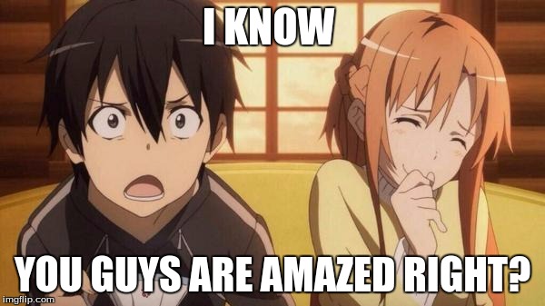 WOW | I KNOW; YOU GUYS ARE AMAZED RIGHT? | image tagged in sword art online | made w/ Imgflip meme maker
