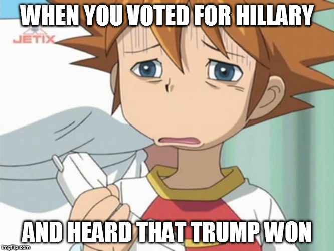 Chris is Displeased - Sonic X | WHEN YOU VOTED FOR HILLARY; AND HEARD THAT TRUMP WON | image tagged in chris is displeased - sonic x | made w/ Imgflip meme maker