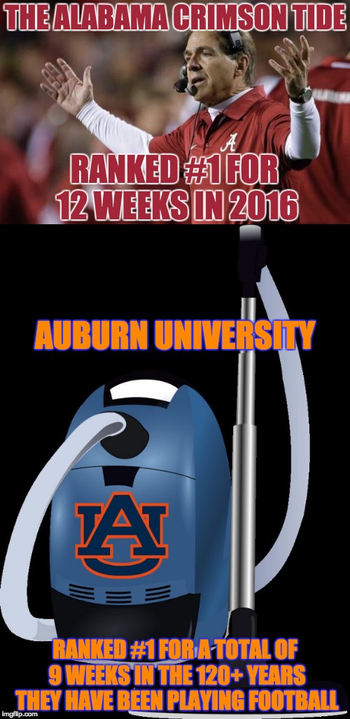 There is no comparison. | THE ALABAMA CRIMSON TIDE; RANKED #1 FOR 12 WEEKS IN 2016; AUBURN UNIVERSITY; RANKED #1 FOR A TOTAL OF 9 WEEKS IN THE 120+ YEARS THEY HAVE BEEN PLAYING FOOTBALL | image tagged in alabama football,auburn sucks | made w/ Imgflip meme maker