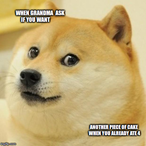 Doge Meme | WHEN GRANDMA  ASK IF YOU WANT; ANOTHER PIECE OF CAKE WHEN YOU ALREADY ATE 4 | image tagged in memes,doge | made w/ Imgflip meme maker