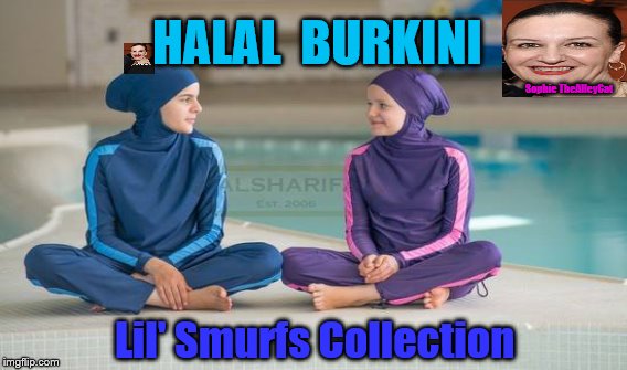 Burkinis for Girls - "Lil' Smurfs" Collection by Sophie TheAlleyCat | HALAL 
BURKINI; Sophie TheAlleyCat; Lil' Smurfs Collection | image tagged in burkini | made w/ Imgflip meme maker