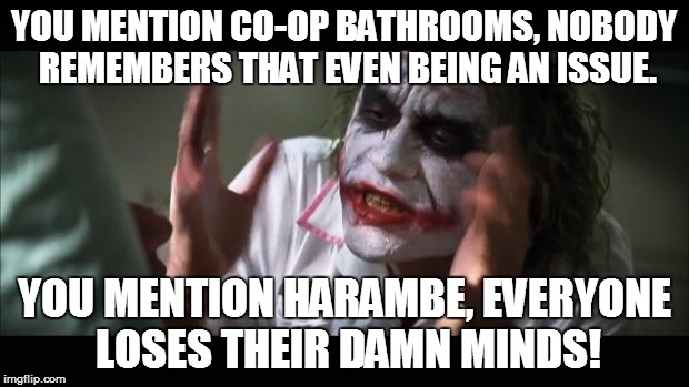 And everybody loses their minds Meme | YOU MENTION CO-OP BATHROOMS, NOBODY REMEMBERS THAT EVEN BEING AN ISSUE. YOU MENTION HARAMBE, EVERYONE LOSES THEIR DAMN MINDS! | image tagged in memes,and everybody loses their minds,harambe | made w/ Imgflip meme maker