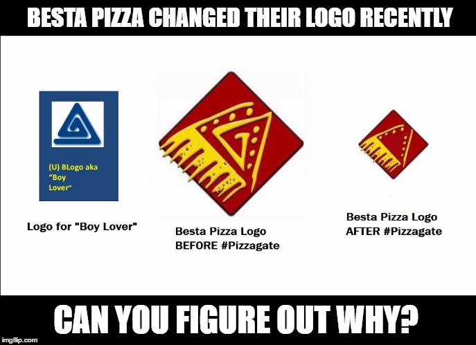 pizzagate besta piza logo |  BESTA PIZZA CHANGED THEIR LOGO RECENTLY; CAN YOU FIGURE OUT WHY? | image tagged in pizzagate,besta,pizza,logo,meme | made w/ Imgflip meme maker