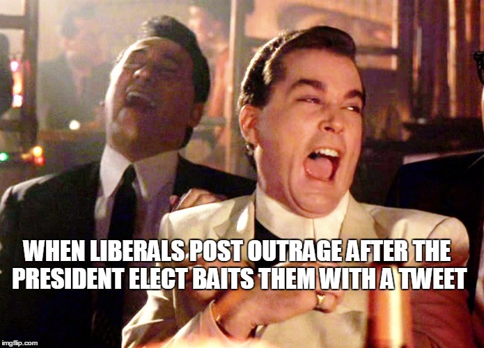 Good Fellas Hilarious Meme | WHEN LIBERALS POST OUTRAGE AFTER THE PRESIDENT ELECT BAITS THEM WITH A TWEET | image tagged in memes,good fellas hilarious | made w/ Imgflip meme maker