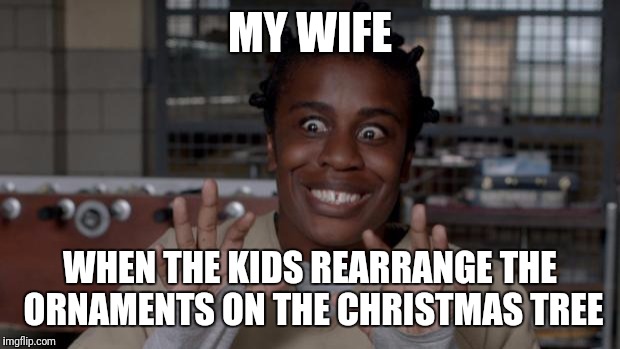 Crazy Eyes | MY WIFE; WHEN THE KIDS REARRANGE THE ORNAMENTS ON THE CHRISTMAS TREE | image tagged in crazy eyes | made w/ Imgflip meme maker