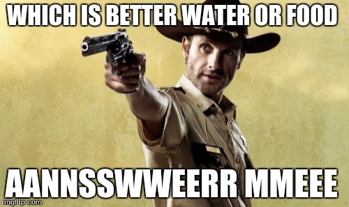 Rick Grimes | WHICH IS BETTER WATER OR FOOD; AANNSSWWEERR MMEEE | image tagged in memes,rick grimes | made w/ Imgflip meme maker
