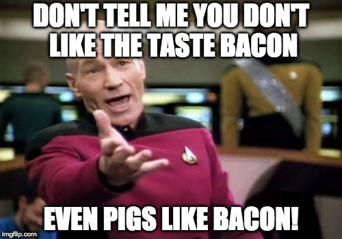 You might not eat it, but you do like it. | DON'T TELL ME YOU DON'T LIKE THE TASTE BACON; EVEN PIGS LIKE BACON! | image tagged in memes,picard wtf,bacon,diet | made w/ Imgflip meme maker