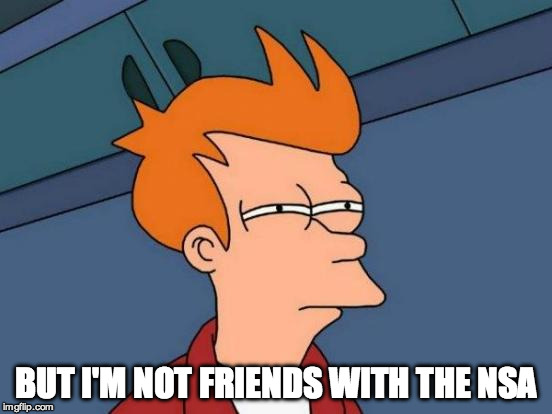 Futurama Fry Meme | BUT I'M NOT FRIENDS WITH THE NSA | image tagged in memes,futurama fry | made w/ Imgflip meme maker