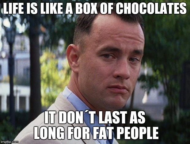 Life Is Like a Box of Chocolates | LIFE IS LIKE A BOX OF CHOCOLATES; IT DON´T LAST AS LONG FOR FAT PEOPLE | image tagged in forest gump,chocolate,fat,memes | made w/ Imgflip meme maker