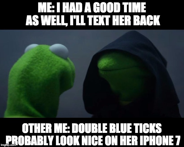 Whatsapp or whyapp? | ME: I HAD A GOOD TIME AS WELL, I'LL TEXT HER BACK; OTHER ME: DOUBLE BLUE TICKS PROBABLY LOOK NICE ON HER IPHONE 7 | image tagged in evil kermit meme,whatsapp,message,memes,evil kermit | made w/ Imgflip meme maker