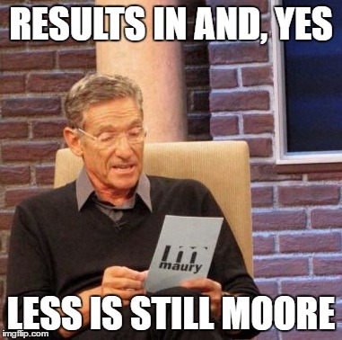 Maury Lie Detector Meme | RESULTS IN AND, YES LESS IS STILL MOORE | image tagged in memes,maury lie detector | made w/ Imgflip meme maker