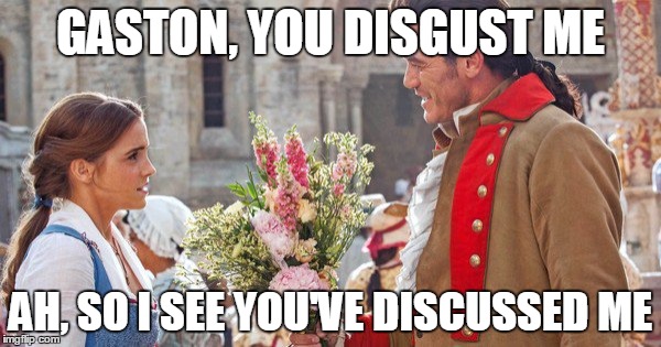 GASTON, YOU DISGUST ME; AH, SO I SEE YOU'VE DISCUSSED ME | image tagged in gaston and belle | made w/ Imgflip meme maker