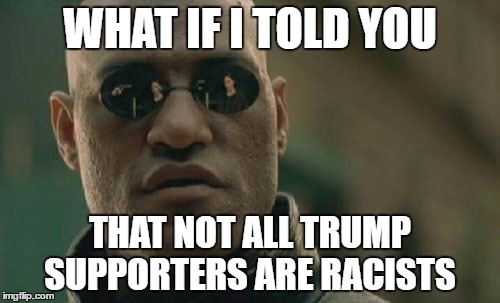 Matrix Morpheus | WHAT IF I TOLD YOU; THAT NOT ALL TRUMP SUPPORTERS ARE RACISTS | image tagged in memes,matrix morpheus | made w/ Imgflip meme maker