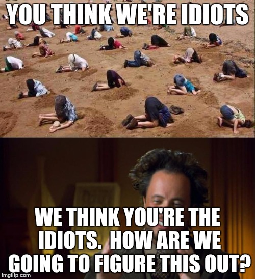 How are we going to figure this out? | YOU THINK WE'RE IDIOTS; WE THINK YOU'RE THE IDIOTS.  HOW ARE WE GOING TO FIGURE THIS OUT? | image tagged in meme,president 2016 | made w/ Imgflip meme maker