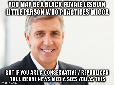 Average white male | YOU MAY BE A BLACK FEMALE LESBIAN LITTLE PERSON WHO PRACTICES WICCA; BUT IF YOU ARE A CONSERVATIVE / REPUBLICAN THE LIBERAL NEWS MEDIA SEES YOU AS THIS | image tagged in average white male | made w/ Imgflip meme maker