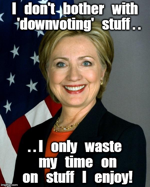 Hillary Clinton | I   don't   bother   with   'downvoting'   stuff . . . . I   only   waste   my   time   on   on   stuff   I   enjoy! | image tagged in memes,hillary clinton | made w/ Imgflip meme maker