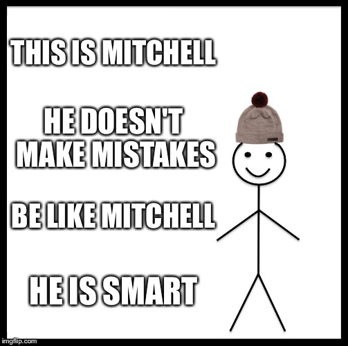 Be Like Bill Meme | THIS IS MITCHELL; HE DOESN'T MAKE MISTAKES; BE LIKE MITCHELL; HE IS SMART | image tagged in memes,be like bill | made w/ Imgflip meme maker