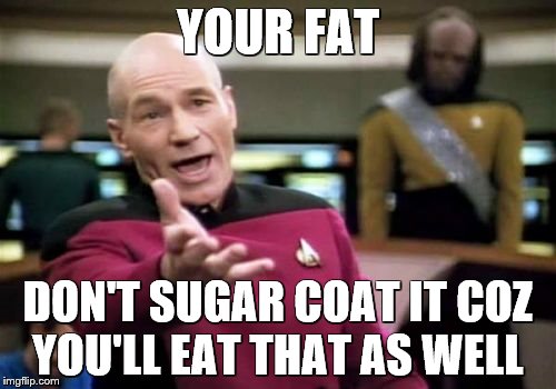 Picard Wtf | YOUR FAT; DON'T SUGAR COAT IT COZ YOU'LL EAT THAT AS WELL | image tagged in memes,picard wtf | made w/ Imgflip meme maker